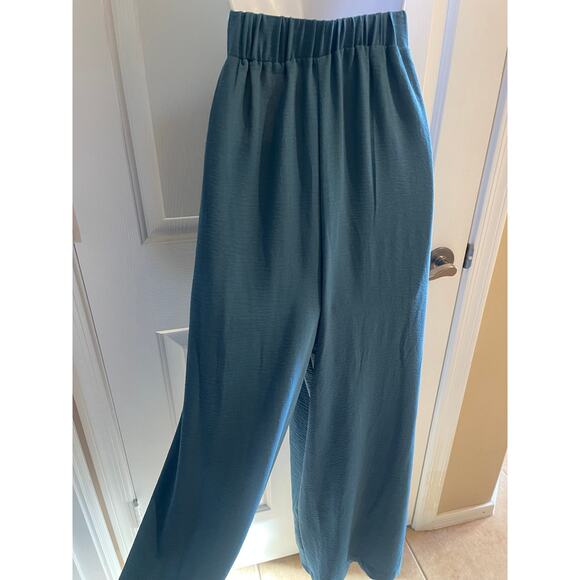 Blue Wide-Leg High-Waisted Tie-Front Pants – Size Large – Flowy Minimalist Chic - Picture 10 of 10